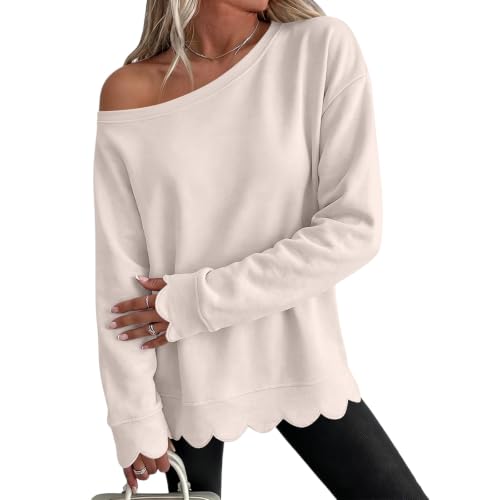 Off Shoulder Sweatshirt for Women Cotton Scalloped Hem Fashion Sweat Shirt - image 1
