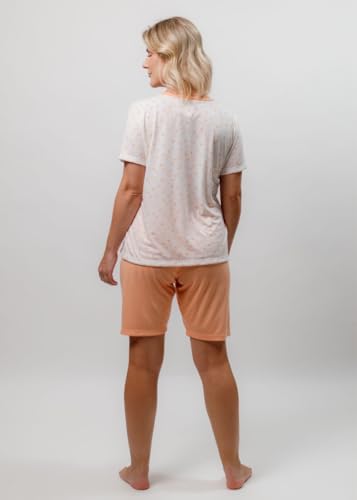 Pijama Feminino Adulto Blusa com Peitilho e Bermuda Ciclista -Poliviscose - Coração Laranja (BR, Alf