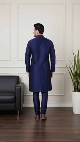 Image of SadreeMen's Silk Blend|Classic|Occassion|Ethinic|Full Sleeve|Mandirn Collor|Knee Length|Solid Colour|Light Weight|Comfort|Regular Fit Kurta Pyjama Set