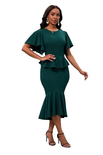 Image of Womens Summer Ruffle Short Sleeve Fishtail Dress Evening Cocktail Formal Peplum Midi Mermaid Dresses Elegant