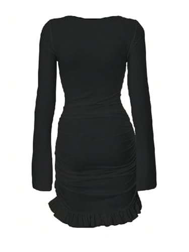 Women's Twist Knot Ruffle Ruched Bodycon Mini Dress Long Sleeve Crewneck Night Out Pencil Dresses2