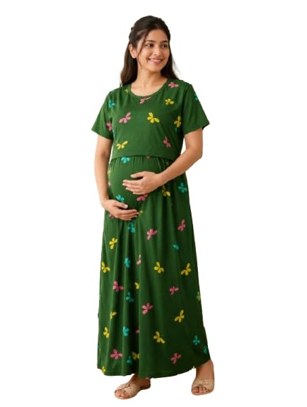 Women’s Zipless Cotton Maternity Feeding Dress | Pregnancy Wear | Feeding&Nursing Gown Without Zip | Full Length Puff Sleeve Maxi for Breastfeeding Mothers-image-40
