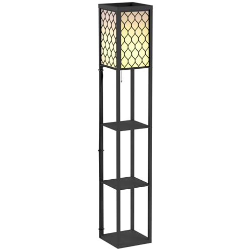 HOMCOM Lampadaire étagère Lampe étagère 26L x 26l x 160H cm 4 Niveaux MDF Noir Motif nid d'abeille