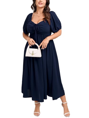 SCOMCHIC Plus Size Sweetheart Neckline Maxi Dress Formal Wedding Guest Short Puff Sleeve Cocktail Smocked A-Line Dresses