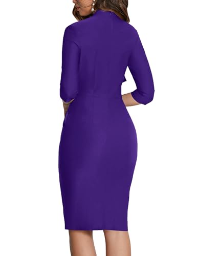 Image of MUXXN Women's Midi Pencil 1950s Vintage Cocktail 3 /4 Sleeve Tie Neck Bodycon Mid-Calf Dress with Pockets