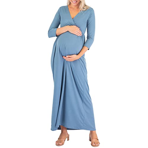 Mother Bee Maternity V-Neck 3/4 Sleeve Ruched Waist Dress