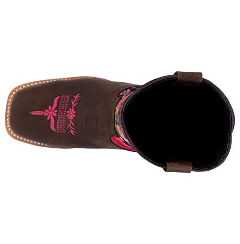 Kids Brown Western Cowboy Boots Flower Design Leather Square Toe4