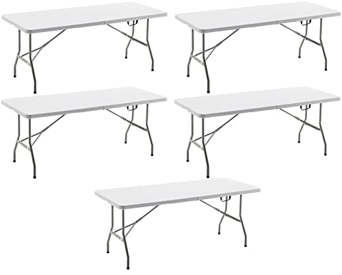 Image of BTEXPERT Set of 5, Fold-in-Half Folding Table 6 Feet 72 inchx 29.5 inch Lightweight Portable Carrying Handle Indoor Outdoor Picnic Camping Office Home Party Wedding Event White