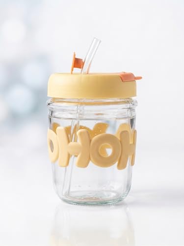 Image of Kavora Glass Water Tumbler with Straw and Lid Sealed Carry On Thick Wall Iced Coffee Cup Glass Sipper Cup for Water, Iced Tea Fruit Juice Set of 1, 400ml (Clear) (Yellow)