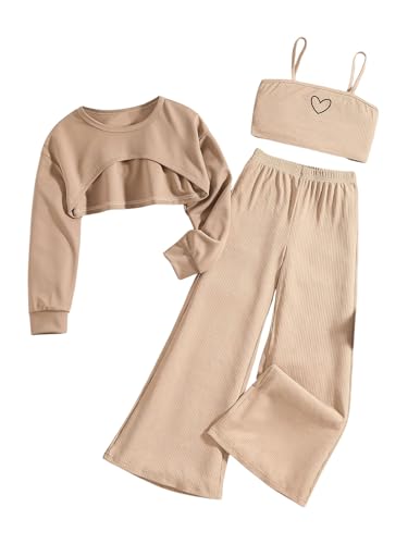 Image of BEAUDRM Girl's 3 Piece Outfits Heart Print Cami Crop Top Long Sleeve High Low Hem Top T Shirt and Wide Leg Pants Set Khaki 11-12Y