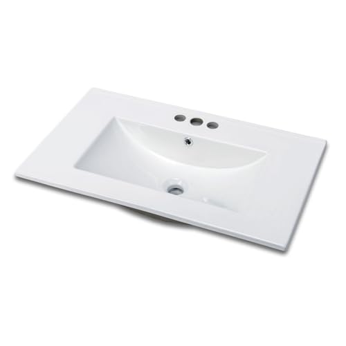 VINGLI 30 In Vanity Top Sink 3 Pre-Drilled Standard 1 3/8 Faucet Holes 1 3/4 Diameter of Center Hole Modern Rectangular Ceramic Single Sink Basin Vanity Top 30 W x 18 1/3 D x 6 1/2 H White
