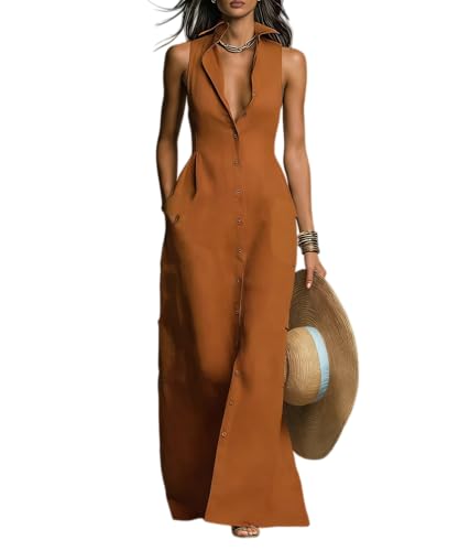 Générique Robe Chemise Longue pour Femme – Style Estival Minimaliste, col Classique, sans Manches, boutonnée sur Le Devant, Coupe Ample et Fluide, col en...
