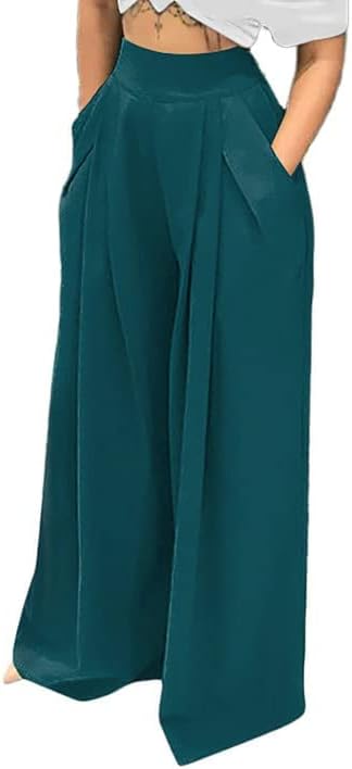 Womens Palazzo Long Pants High Waist Wide Leg Stretchy Loose Fit Casual Trousers with Pocket
