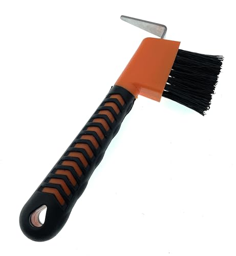 Image of Horse Hoof Pick with Brush - Non-Slip Ergonomic Handle, Heavy-Duty Steel Pick & Stiff Bristles - Removes Dirt, Mud & Rocks - Horse Grooming Tool for Daily Hoof Care (Orange)