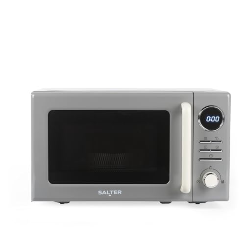 Salter Retro Digital Grey Microwave 20 Litre Defrost by Time/Weight 25.5 cm Glass Turntable 95 Minute Timer 8 Auto Cooking Presets Solo Microwave Oven Easy Clean Button/Dial Control 800W