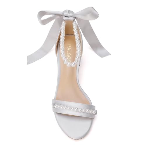 Image of Block Heel Wedding Sandals, Pearl Embellished Ankle Strap, Low Heel Bridal Shoes for Women, Size EU 36-41