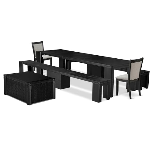 Image of X02MZ-2C6-06 - 6-pc Dining Table Set a Kitchen Table with a dining coffee table and 2 wooden Benches and 2 Shitake Linen Fabric Chairs, 39x120 Inch, Wire Brushed Black