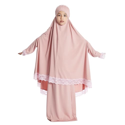Muslim Prayer Dress for Girls, Long Sleeve Two Piece Full Cover Kids Children Lace Islamic Prayer Dress with Hijab
