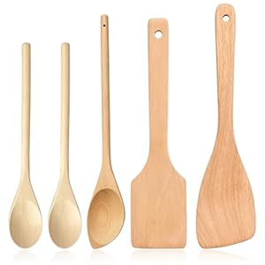 5 Pcs Wooden Spoons for Cooking, Kitchen Utensils Set Wooden Utensil Set, Oblique Shovel Straight Shovel Oblique Spoon and 2 Pcs Woodens Spoons, Woodens Kitchen Utensils for Cooking Baking