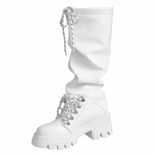 Knee High Boots For Women Fold Over Chunky Heel Platform Boot Round Toe Adjustable Lace-Up Wide Calf