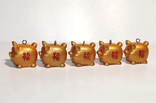 Dijkoo Lucore Gold Color Lucky Pigs Pendant Charms - 5 PC Set of Golden Hogs Ornaments with Strings DIY Craft Supply