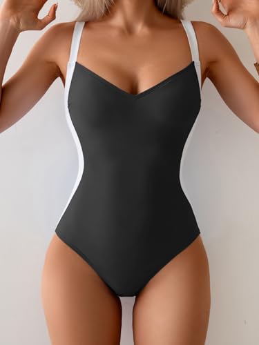 Eomenie Women's Tummy Control One Piece Swimsuit Slimming Lace Up Back Bathing Suit V Neck Swimwear2