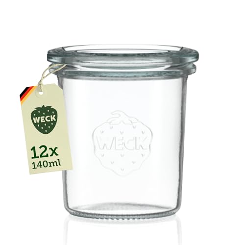 Weck Vasos de 140 ml – Juego de 12 tarros con tapas – forma de caída – robustos tarros apilables para postre – pequeños – Tarros de cristal ideal para postres – Fabricado en Alemania