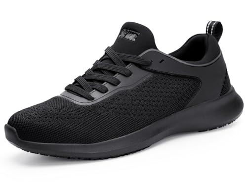 SPIEZ Mens Non Slip Shoes, SRC Slip-Resistant Certified Food Service Shoes, Lightweight Breathable Slip On Work Sneakers Black US7.5-12