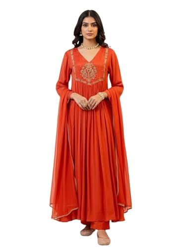 Amazon Brand - Tavasya Women's Silk Chiffon Embroidered A-Line Kurta Set with Rayon Pant and Silk Chiffon Laced Dupatta | Kurti Set for Women(Orange-L)