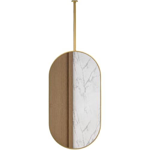 Gold Metal Frame Oval Wall Mirror, Vertical Suspended Bathroom Mirror with Ceiling Mount, Hotel Hanging Decor Mirror
