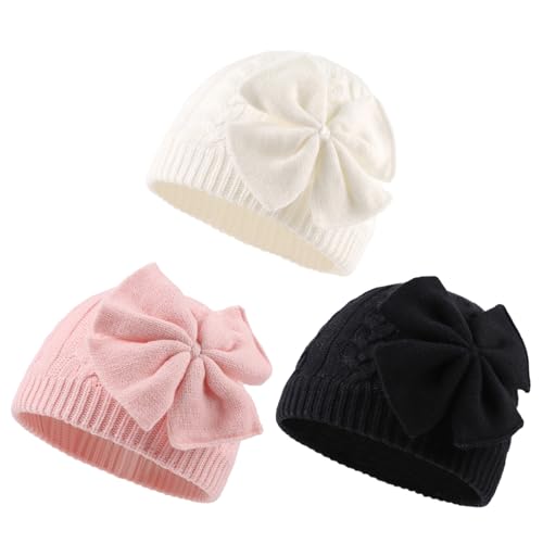 Image of JANGANNSA Winter Warm Knitted Baby Hat for Girls Cotton Lined Infant Toddler Hat Autumn Cute Bow Classic Girls Beanie 0-6Y