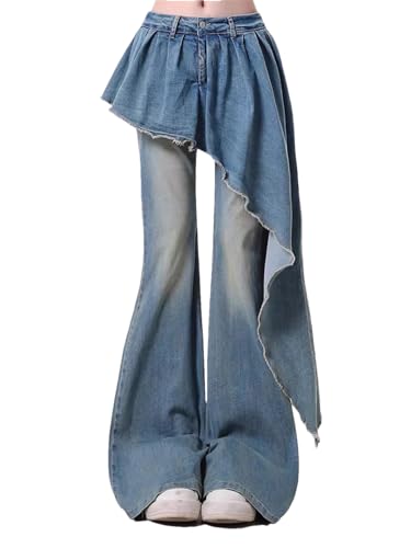 Women Vintage High Street Sense Niche Slim Fit Flare Denim Pants Washed Long Trousers