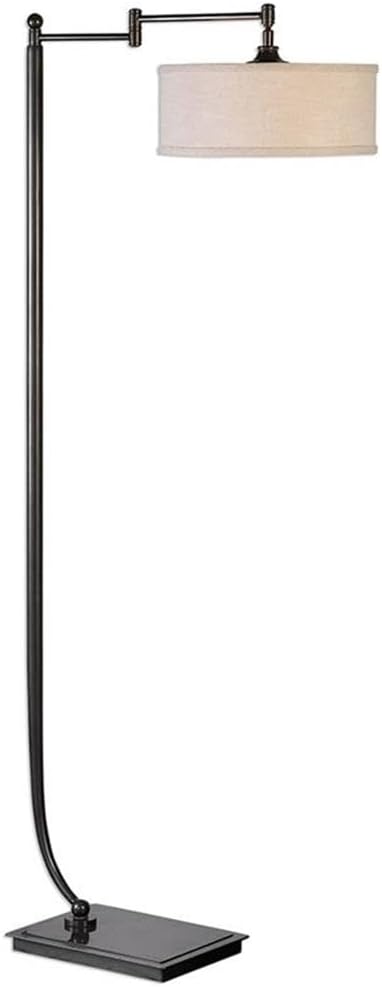 BOWERY HILL Contemporary Floor Lamp, 62 in Height, Dark Bronze Finish, Beige Linen Drum Shade, Adjustable Arm, Iron Base, Modern Design for Living Room or Office