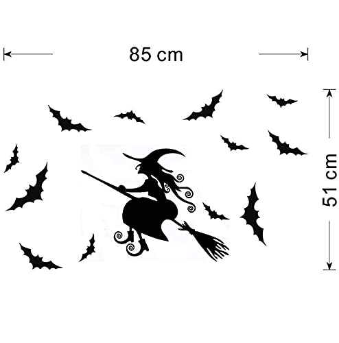 Bibitime Scary Halloween Wall Stickers Vinyl Home Decor Shop Window Decals Room Art Murals Pub Bar Indoor Scene Setter (Flying Witch And 12 Bats) #TOP2