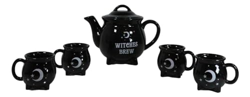 Ebros-Gift-Wicca-Witchcraft-Sacred-Crescent-Moon-And-Stars-Witches-Brew-Black-Cauldron-Teapot-And-4-Mug-Cups-Coffee-Tea-Pot-Drink-Cup-Mugs-Set