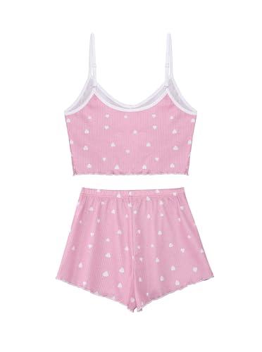 Image of Hilinker Womens Graphic Print Ribbed PJ Set Crop Cami Tops and Shorts Cute Pajamas Set
