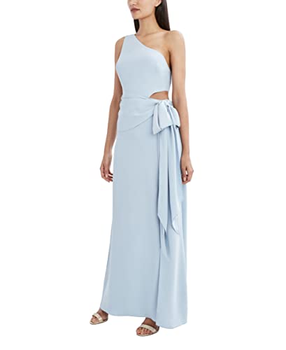 Bcbgmaxazria Women's Fit And Flare Asymmetrical Neck Waist Cutout Bow Tie Sash Floor Length Evening Dress, Dusty Blue, 4 #TOP1