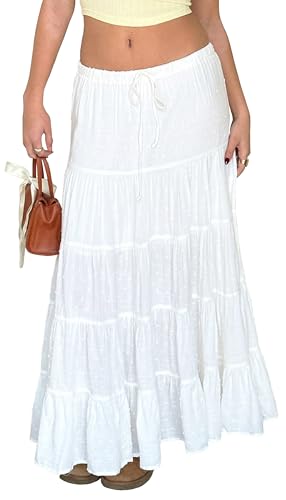 Tsher Women's Casual High Elastic Waist Ruffle Boho Pleated A-line Long Maxi Skirts 0333 (S, White)