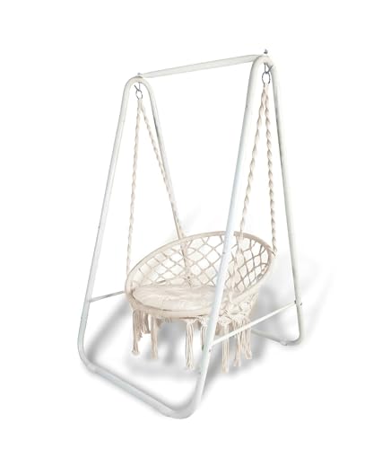 Image of Inditradition Hammock Swing Chair with Metal Stand & Seating Pillow (Combo Pack) | Heavy-Duty Hanging Chair with Stand for Indoor & Outdoor (60x32 Inches, Elegant White)