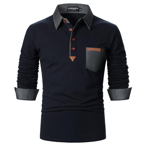 LUJENGEFA Long Sleeve Polo Shirts for Men Stylish Patchwork Contrasting Color Golf Polos Cotton Polo Shirt Tops with Pocket Navy Blue XL