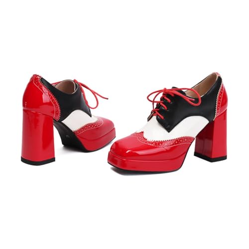 Women's Platform Lace-Up Mary Jane Pumps Square Closed Toe Chunky Block High Heels Dress Shoe Fashion Patchwork Multicolor Leather Oxfords Shoes2