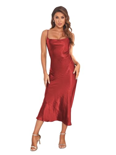 Image of Women's Spaghetti Strap Midi Satin Silk Dresses Slip Cowl Neck Party Cocktail Evening Sexy Dress