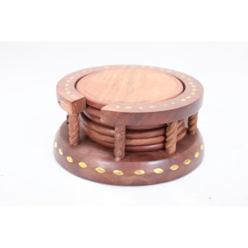 Image of Saras Aajeevika 6 Pc Set of Handmade Wooden Round Curved Coaster /Coster with Brass Kettle Shape Holder for Kitchen Decor Hot Pots, Tea Cups, Coffee Mugs, Glasses Coaster Sets (Design 5)