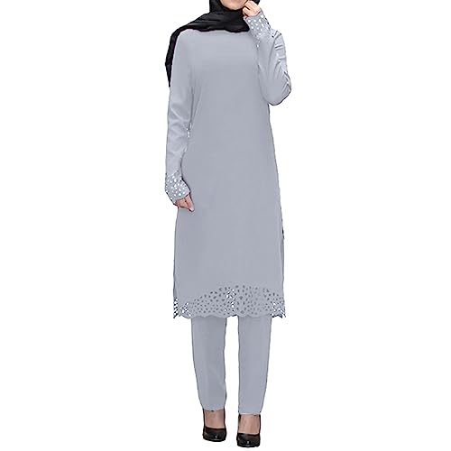 Mymyguoe Vestido musulmán para mujer con pantalones casuales, 2 piezas, sin hijab árabe, caftán, largo árabe, islámico, Dubai, vestido musulmán, brillante, sencillo, moderno, informal, vestido largo