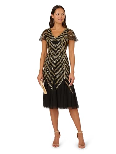 Image of Adrianna Papell Women's Floral Beaded Knee Length Dress with Sheer Neckline