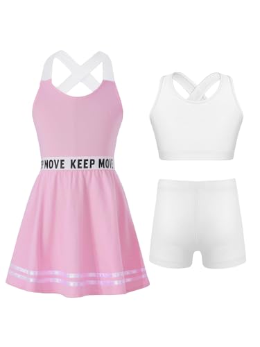 3pcs Kids Sports Outfits Girl Tenins Athletic Dress With Racerback Sport Bras And Shorts For Workout Exercise Pink 8 Years