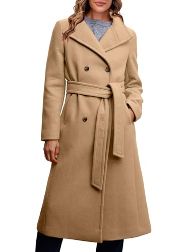 Image of Fisoew Women Double Breasted Coats Long Winter Work Office Overcoat Pocketed Outwear with Belt