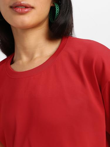 Image of JUNEBERRY Pure Cotton Oversized Baggy Fit Half Sleeve Drop Shoulder Plain Solid Round Neck T-Shirt for Women (Available in Black, White, Lilac, Cork, Maroon, Royal Blue, Swan White, Soap Nut Colors)