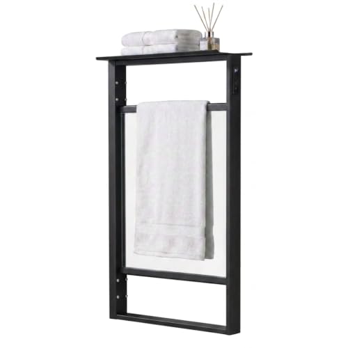 Glass Panel Electric Towel Warmer with Top Shelf, Wall-Mounted | Large Infrared Heated Towel Rack with Storage Tray, 3 Temperature Settings & 24H Timer, Safe Bathroom Towel Dryer,EB01 Black