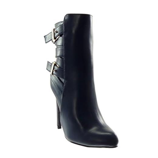 Angkorly - Zapatillas Moda Botines Cavalier Biker Motociclistas Stiletto Mujer Hebilla Multi-Correa Dorado Tacón de Aguja Alto 11 CM Ligeramente Forrada de Piel - Azul Oscuro 1010 T 41
